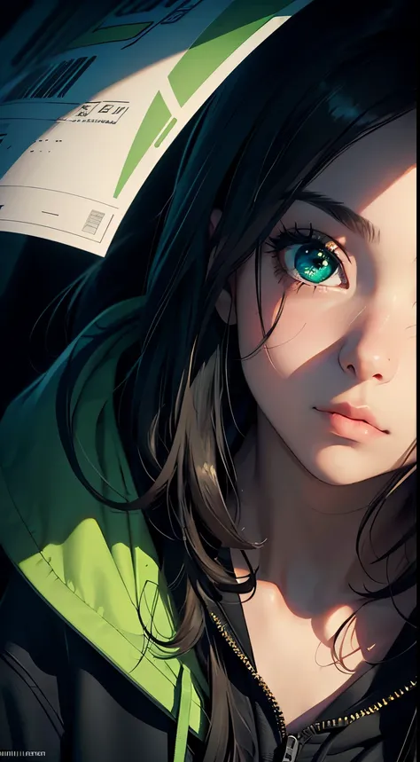 semi-realistic cinematic artwork, a close up ona mischevieous girl wearing a hoodie, cute expression, curious eyes, shimmering eyes, long hair, sleaveless hoodie, beautiful shading,cute girl, dynamic, (modern aesthetic, green and black)