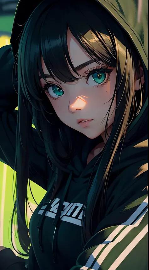 semi-realistic cinematic artwork, a close up ona mischevieous girl wearing a hoodie, cute expression, curious eyes, shimmering eyes, long hair, (sleaveless hoodie:1), beautiful shading,cute girl, dynamic, (modern aesthetic, green and black), night, smug, b...