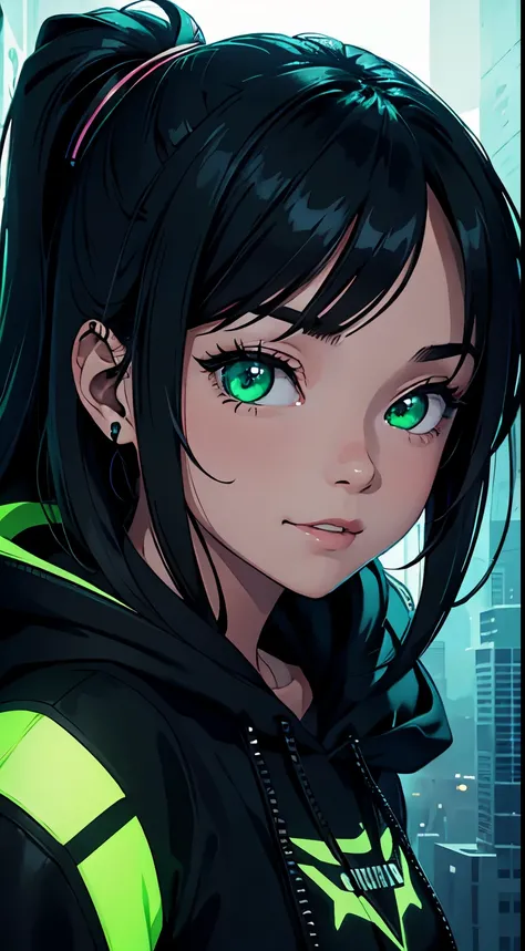 semi-realistic cinematic artwork, a close up ona mischevieous girl wearing a black hoodie with neon green details, neon green, cute expression, curious eyes, shimmering eyes, long hair, (smilling, evil smile:1), beautiful shading,cute girl, dynamic, (moder...