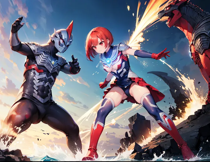 highest quality, ultra detail, High quality CG drawing, The most delicate and beautiful, Floating gently, High resolution, (1 giant woman), (Highest image quality,4K,8K,masterpiece:1.2),(all red hair:1.5),(short bob:1.5),(red eyes:1.5), Ultraman,(ultra gir...