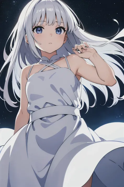 girl in a white dress、night sky background、silver hair、short bangs