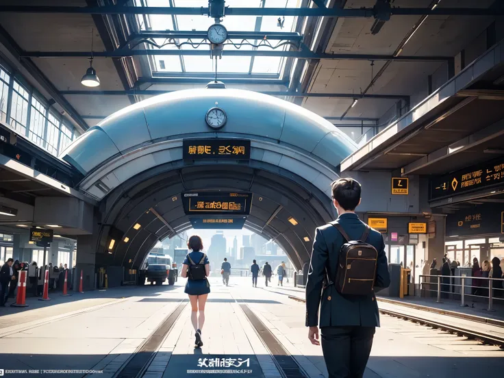 prompt: train station, bustling with students, imposing clock, informative destination guide, rushing office worker, futuristic ...