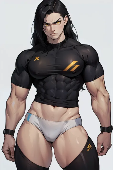 ((1girl)) pale skin large breastuscular) toned body thick thighs black hair yellow eyes (long hair grey background) bodybuilder angry tight shirt