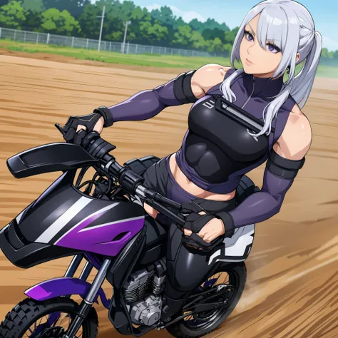 A woman with silver hair, purple eyes, wearing a black motocross uniform, riding a motocross bike on a mud track, muscular.
