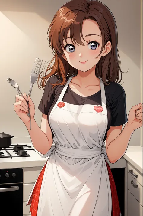 kousaka honoka、a smile、cooking in your room、wearing only an apron、breasts