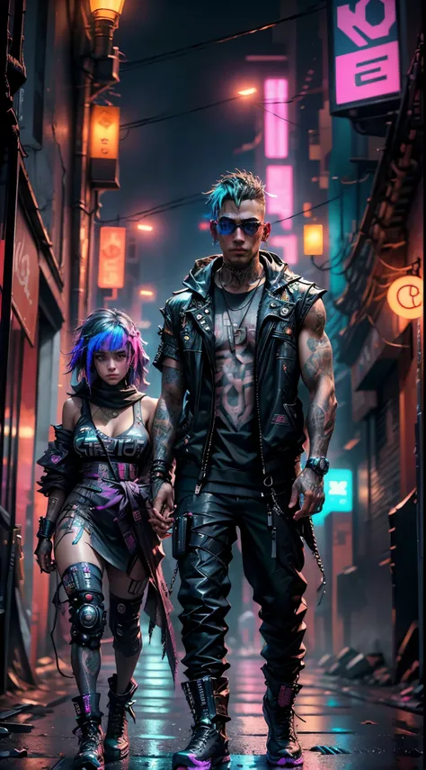 Cambio de fondo, (cyberpunk guapo novio , novia , bebe en brazos de la novia:1.5), 8K, cara realista, ropa de cuero, varios colores, adornos en orejas y tatuajes, peinados modernos y brillosos, ciudad ciberpunk, oscuro, de noche, luces de neon tonos magent...