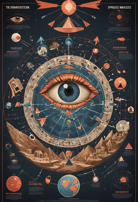 A thought-provoking infographic illustrating a new conspiracy theory. At the center is a large eye, symbolizing the all-seeing surveillance. Encircling it are various elements such as a globe, a pyramid, and a brain, representing global control, political ...