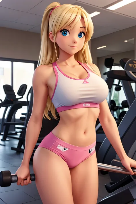 A girl with blonde hair, she is at the gym, she is wearing pink underwear