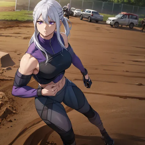A woman with silver hair, purple eyes, wearing a black motocross uniform, clay and mud track, muscular, just a woman.
