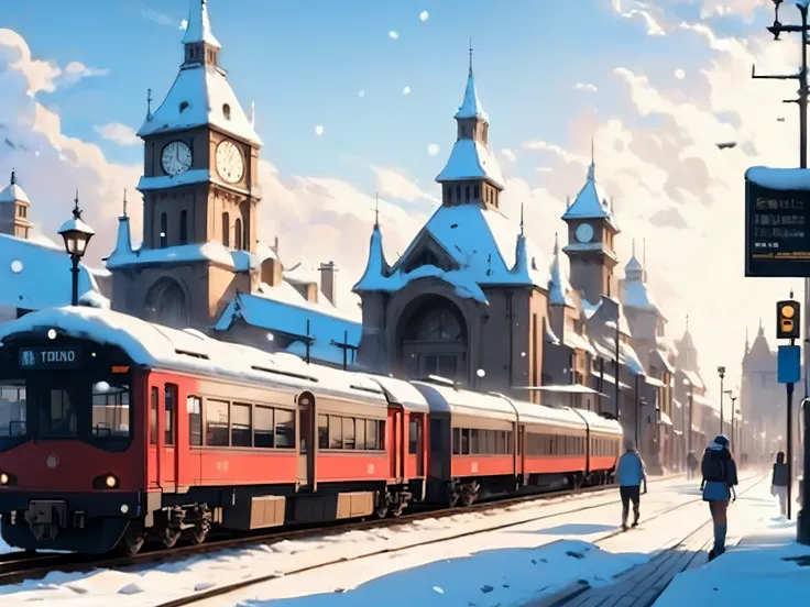 railway station, full of students, big clock, destination guide, office worker runs, new train, station staff, snow