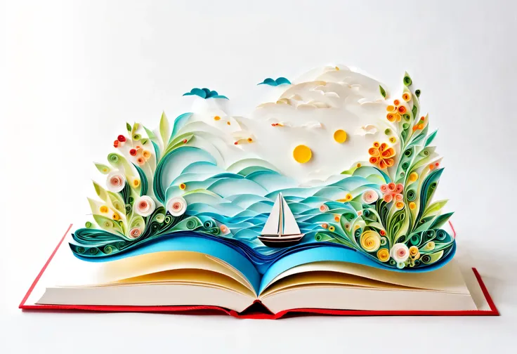  (paper art，layered paper art，paper quilling, 剪paper art术,Paper art ), pure white background, Open a vertical book, set sail,spring