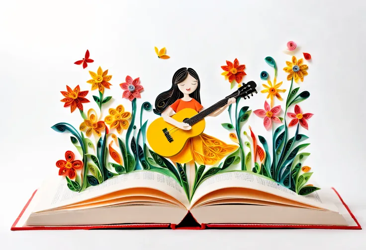  (paper art，layered paper art，paper quilling, 剪paper art术,Paper art ), pure white background, Open a vertical book,Girl singing with guitar in hands,spring