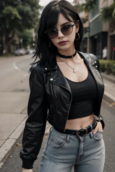 gothic girl, pelo negro corto y desordenado con flequillo, pale white skin, maquillaje negro, gafas de sol redondas, pendientes, pechos medianos, Bien, Camiseta sin mangas, figura flaca, cintura, muslos, bikini con tirantes, jeans ajustados negros, chaquet...