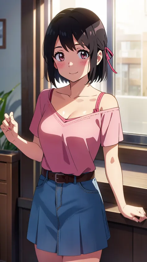 shinkai makoto, kimi no na wa., 1girl, bangs, black hair, blush, bright eyes, brown eyes, red headband, red bow, red ribbon, short hair, smile, cute, beautiful, shiny skin, looking at the viewer, solo, ​pink shirt, collarbone, Off-the-shoulder, bra strap, ...