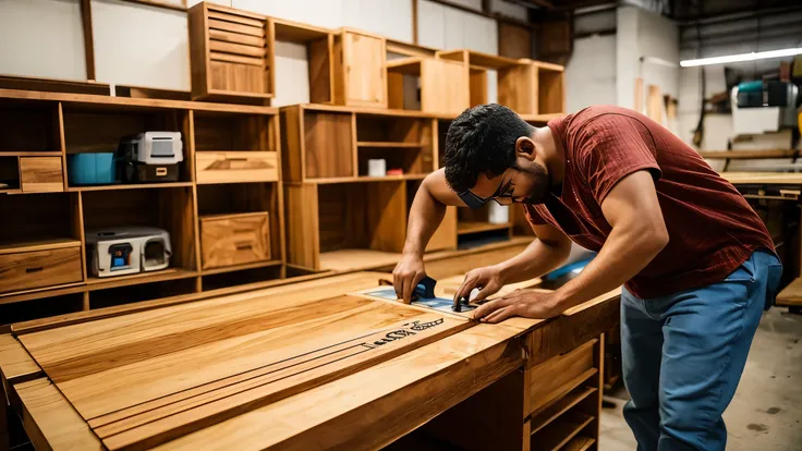 prime wood carpentry a man making a personalized Flamengo board in this place has a CNC router and a laser machine on the wall has a prime wood name as a logo 