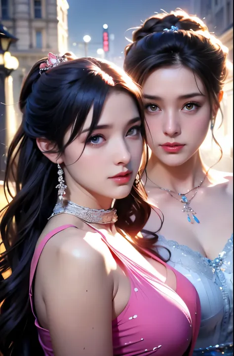 best quality, masterpiece, Very detailed, high resolution, 4k, Ultra high resolution, Detailed shading, perfect light and shadow,duo, Two stylishly dressed girls taking a selfie on the street, Fantasy World,colorful braids, anime cosplay, Anime style mixed...