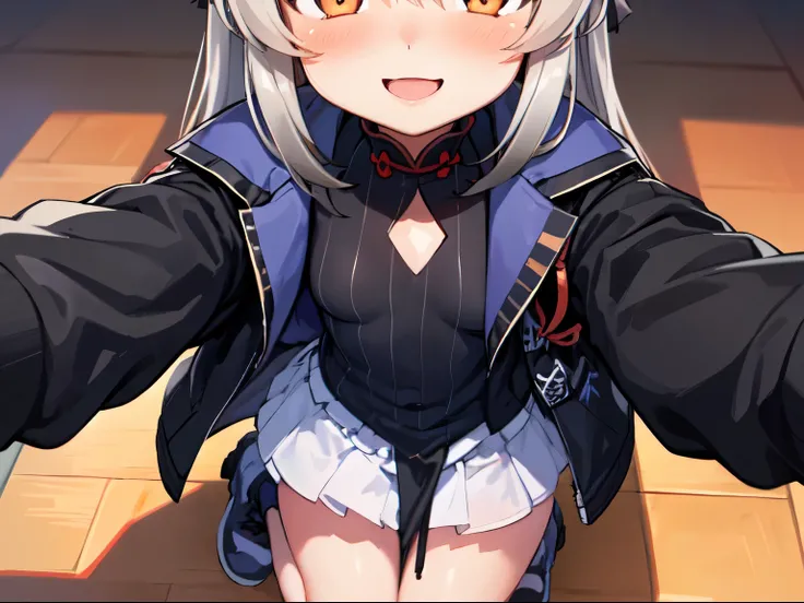 masutepiece, top-quality, ultra-details, Solo Focus, 
(1KOKONA, open arms for viewer), 
pigeon toed, 
, White hair, Orange Eye, Smile:0.8, blush:1.3, 
Black clothes, Black jacket, White skirt, 
(From-front-above, Close-up Face:1.4),