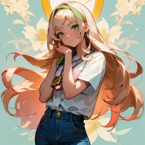 one Female High school student named Emily,Fair skin color,Long haircut,Golden hair,Bright green eyes,with Floral hairband in head,wearing Pink floral blouse,wearing Light blue jeans,holding/carrying Silver locket. 