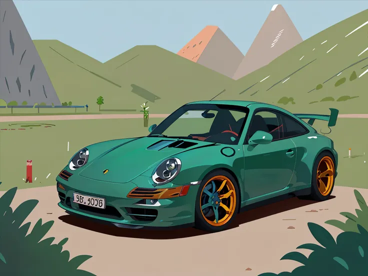 natural landscape, porsche 911 rwb parked, wide bodykit, large wheels, aqichahua,illustration,flat color,flat style,(masterpiece...