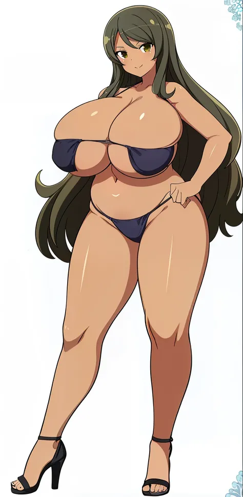 Cartoon image of a tall long-legged fat woman wearing a bikini, tits, tits proportions, big breasts!!, Close-up of lower body, big breasts!, Close-up of intense gesture style, She has a plump, round belly, huge breasts in covered sfw, junko enoshima, big b...