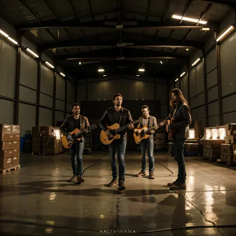 Realistic photo of 4 male musicians from a band in a large warehouse in the background with a lot of depth, an old car with headlights on, iluminando-os criando um ambiente de maior profundidade,3ml Aviation Warehouse Climatic Lens 