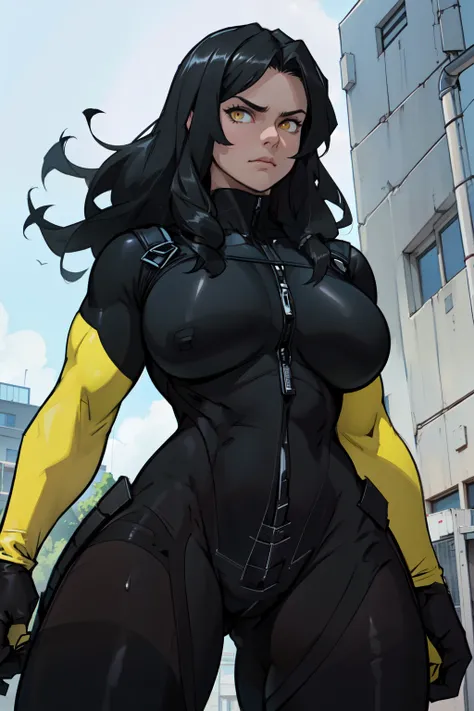 1girl frown (huge muscles huge breasts huge thighs black hair yellow eyes pale skin muscular muscular thick thick thick very long hair thick thick ((((black bodysuit)))) ((((black bodysuit))))