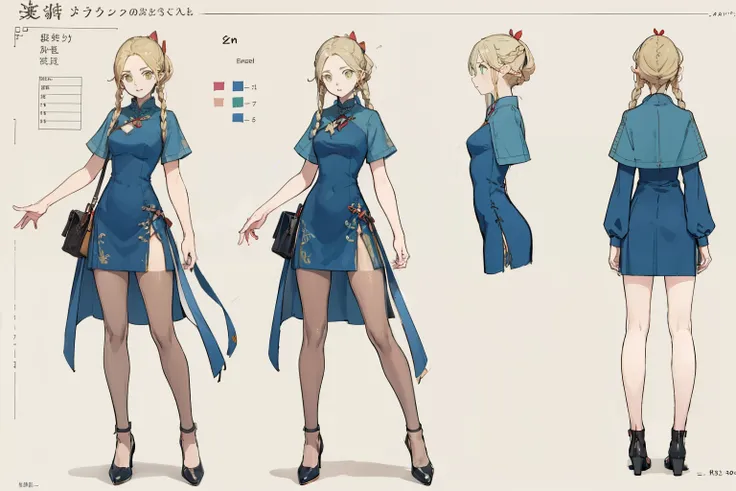 pantyhose，dress，High slit，leather shoes，cheongsam （whole body，character design sheet，front，back，side）