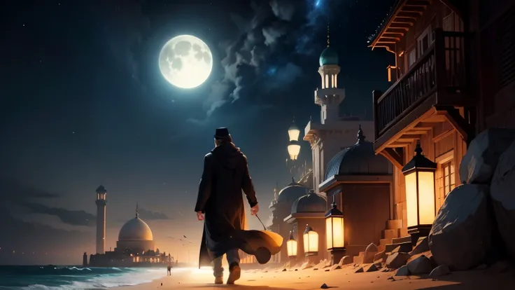 muslim man walking on the beach at night with a mosque in the background, 8k stunning artwork, concept art wallpaper 4k, inspired by Andreas Rocha, andreas rocha style, inspired by Cyril Rolando, a beautiful artwork illustration, 4k highly detailed digital...