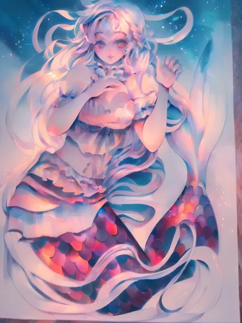 drawing of a mermaid with a sword and a fish tail,((masterpiece))，((quality))，((Best quality))，((official art))，mermaid underwater