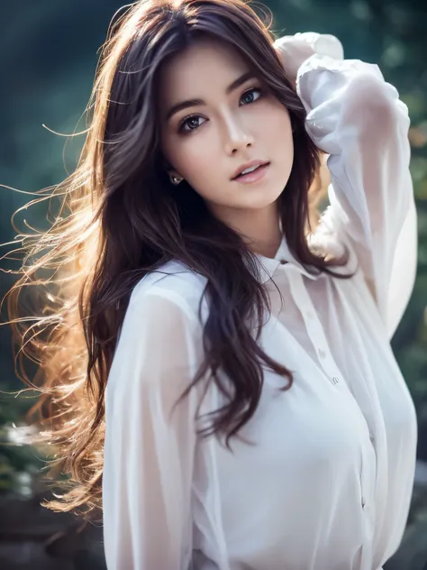 cinematic color, beautiful eurasia woman, (best quality, ultra-detailed), feminin lighting, messy hair, wearing see-through whit...