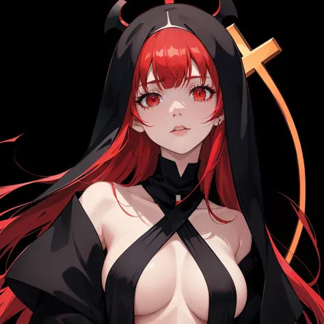 young demon with light red skin, chanel hair with bangs, wearing nuns clothes with a cross on her neck, black background, sexy, high-quality, only face and neck, 8k, beautiful eyes, high-quality eyes, neon red lights, empty black background, cinematic ligh...