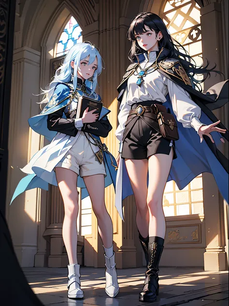 masterpiece, ultra detailed, 8K Portrait, Raw photo, (((((2 girls))))), girls photography, full body, Highly detailed face, ((Fantasy)), 15 years old, (((classmates))), smile, various hairstyles and hair color, (((white long tunic with a single vertical bl...