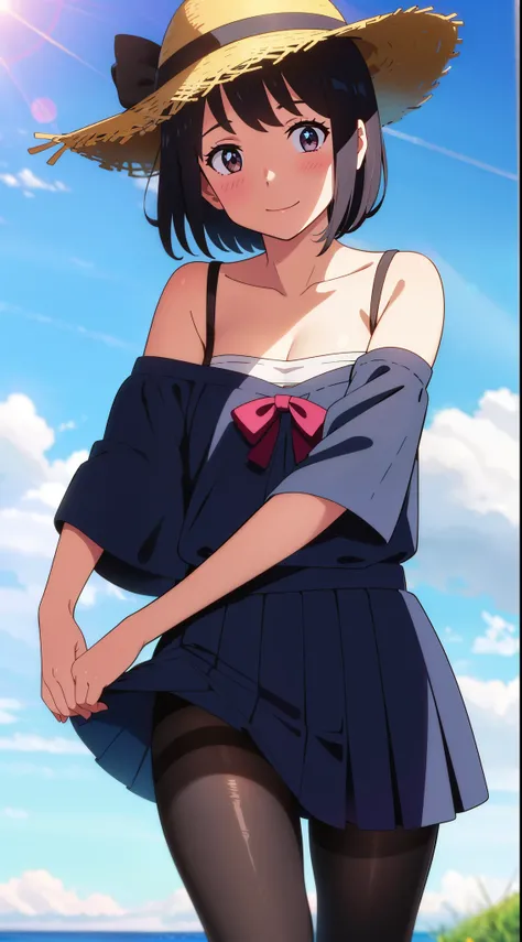 shinkai makoto, kimi no na wa., 1girl, bangs, black hair, blush, bright eyes, brown eyes, red bow, red ribbon, short hair, smile, cute, beautiful, shiny skin, looking at the viewer, solo, ​happy, blue shirt, collarbone, short sleeves, blue skirt, pantyhose...