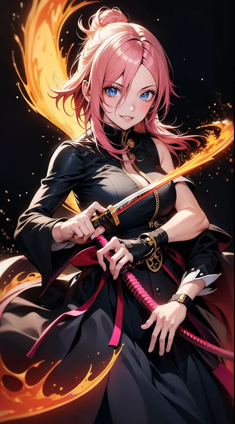 better hands, better fingers, ultra detailed face, perfect smile, five fingers, perfect hands holding a katana, flame blade, pink hair