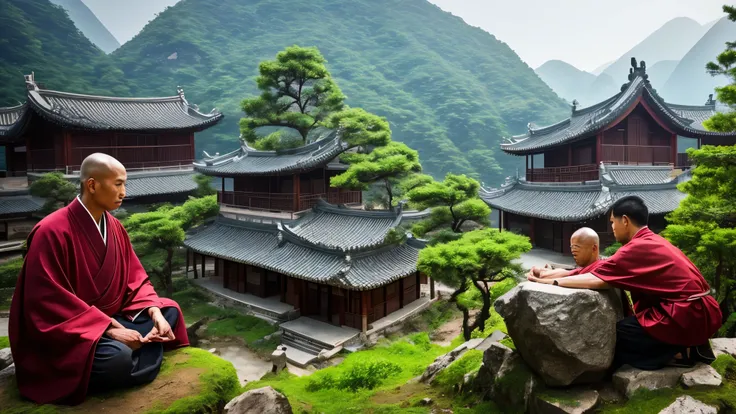 a young man seeking guidance from an old zen master in a chinese village nested in the mountains background, hyper realistic, 8k, 3D rendering