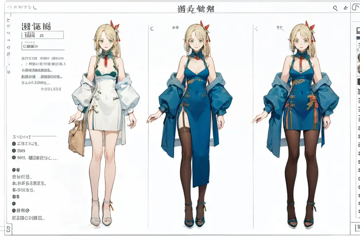 stockings，pantyhose，（whole body，character design sheet，front），cheongsam，High slit，deep v，