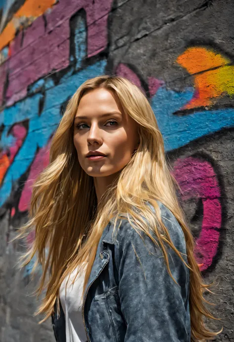 blond woman with very long, flowing hair skinny figure, positioned against an urban art backdrop. The wall acts as a canvas, alive with intricate layers of graffiti, realistic portraits, abstract shapes, and a vibrant kaleidoscope of colors dancing around ...