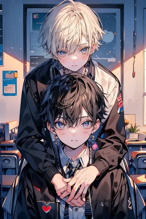 (muste piece), (best quality), very detailed, (((Two friendly high school boys:1.5))), perfect face, beautiful face, very detailed face，(white haired man:1.3)，(black haired man:1.3)，School，classroom，student uniform，tie，shirt