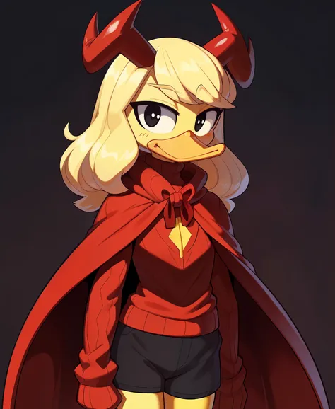 (by ducktales) (by kyurisawa:1.2) (by chelodoy:1) (by ashraely:1) (anthro duck) (yellow hands:1.1) (Melissa Duck:1.2) (blond hair) (wavy hair) (black eyes) (narrowed eyes) (happy) (clothed, clothing:1.2) (devil costume, fake horns, red sweater, red shorts,...