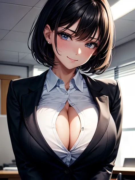 1girl, five fingers, short hair, ((best quality)), ((ultra-detailed)), office lady, black suit, blouse, dynamic angle, smirk, black hair, stylish pose, office, large breasts, steaming body, humid, breath, looking down, nsfw, shirt lift, breast focus, upper...