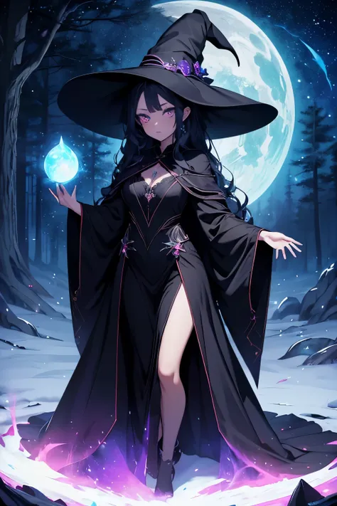 masterpiece, best quality, masterpiece, (1girl), (LLChar), evil witch, dark energy, void, opal eyes, (extremely evil), dark magic, dark forest, negative energy, galactic void, stars, black wavy hair, full body image, wearing witch robe