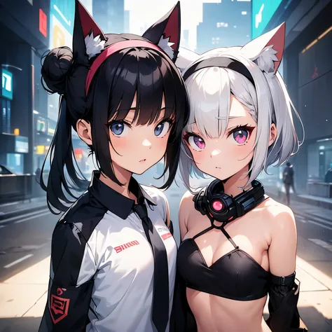 (masterpiece), best quality, expressive eyes, perfect face, cute short haired anime girl, head band very long, head band covers fringe, head band going around the head and ties at two sides, hair tied into cat ear shape, hair bun, cyberpunk, futuristic, sc...