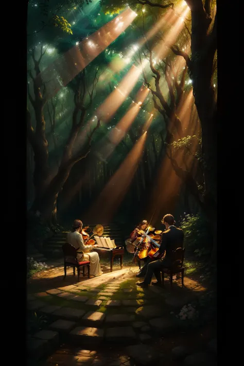 (Masterpiece), (((Best quality))), 1080p HD, immersive visual experience, extensive detail, Serene scene of a musicians gathering. The musicians sit in a lush, beautiful garden filled with blossoming flowers and swaying trees. Each musician holds an intric...