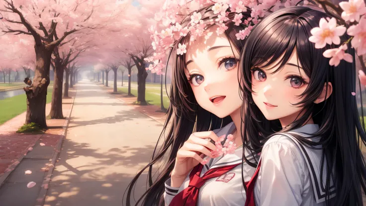 (1 girl), cute face, shining smile, (school uniform, mini skirt:1.2), (highest quality: 1.4), (Super detailed), (highest quality:1.4), (super detailed), (cherry blossomsのトンネル in full bloom, cherry blossomsのトンネル), road, Day光, cherry blossoms, cherry blossom...