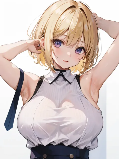 A girl who slides off her glasses with one hand、1 girl、young girl、blonde、short bob、Long bangs on the right side、Upper body、view from above、big breasts、show me your armpits、Armpit、stick out tongue