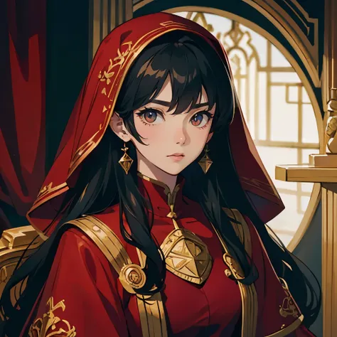 Long Curly hair,((black hair)),red veil,roses,gold dress,turtleneck,red vest