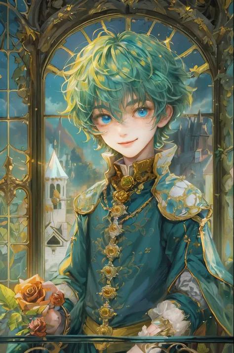 (((absurdres, highres, ultra detailed, perfect face), 1 boy , front view, young boy, handsome boy villain character from magic knight reyearth, short hair, anime eyes, mage clothes with colorful details, eyes on the viewer, add red details to picture and s...