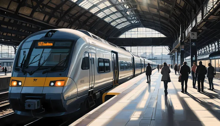 Outline with black ink, smooth lines, Express expressions and postures through ink contrast, The background is A Modern Train Station. Emphasize light, shadow and space. Drawing of Train Platform, fine art piece, figurative art, architecture painting, Wall...