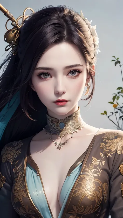((modern art style design)), Charlie Bowater&#39;s Realistic Lithographic Sketch Portrait of a Woman, flowers, [gear], pipe, diesel punk, Multicolored ribbons, old paper texture, very detailed