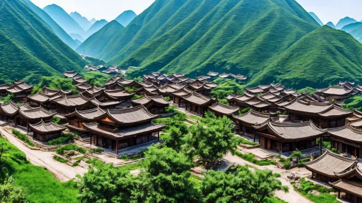 A chinese village nested in the mountains background, hyper realistic, 8k, 3D rendering